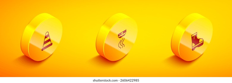 Set Isometric Traffic cone, Smoke alarm system and Fire boots icon. Vector
