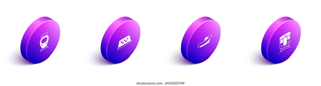 Set Isometric Tram and railway, Taxi car roof, Rafting boat and Train icon. Vector