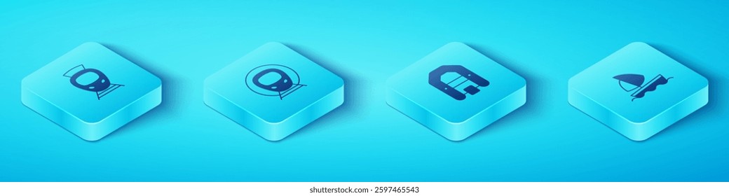 Set Isometric Tram and railway, Train, Yacht sailboat and Rafting icon. Vector