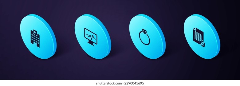 Establecer archivos de transferencia isométrica, anillo de compromiso de diamantes, Monitor con cardiograma e icono de construcción de hospitales médicos. Vector