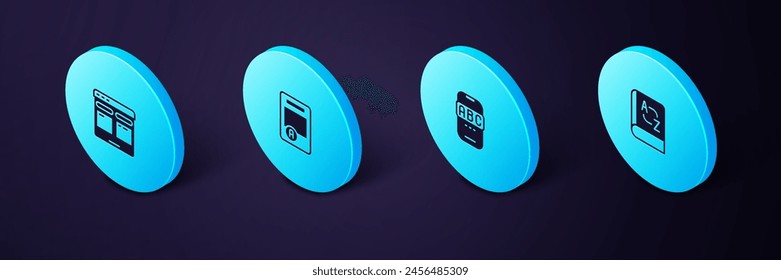 Set Isometric Translator book, Foreign language online study, Exam sheet with A plus grade and Online translator icon. Vector