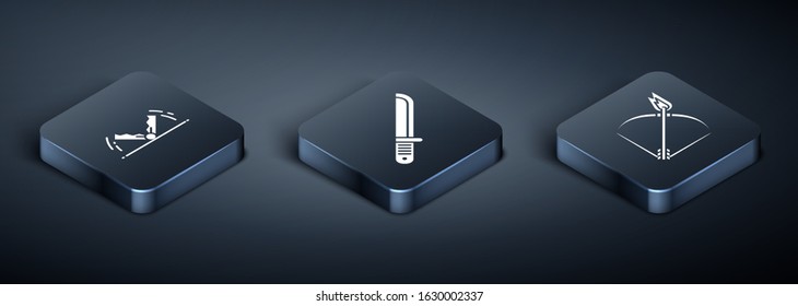 Set Isometric Trap hunting, Bow and fire arrow and Hunter knife icon. Vector