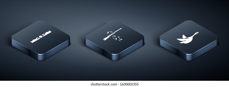 Set Isometric Trap hunting, Flying duck and Gun shooting icon. Vector