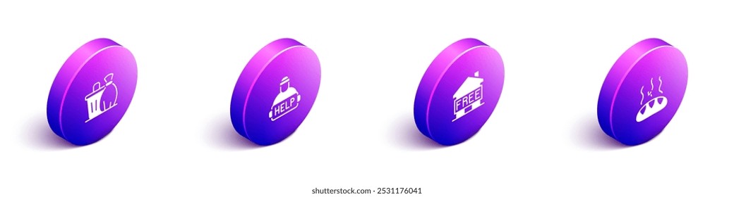 Set Isometric Trash can, Help homeless, Shelter for and Donation food icon. Vector
