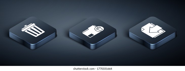 Set Isometric Trash can, Next page arrow and Delete folder icon. Vector
