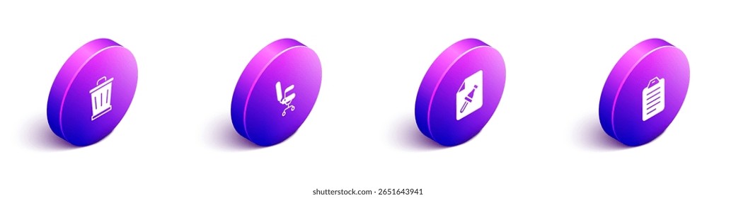 Set Isometric Trash can, Office chair, Note paper with push button and To do list or planning icon. Vector