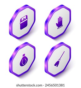 Set Isometric Trash can, Rubber gloves, Garbage bag and Handle broom icon. Purple hexagon button. Vector