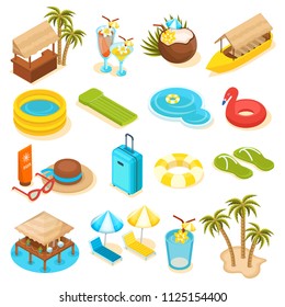 Set of isometric travel icons, rest on the beach, tourism. Beach, palm trees, boat, swimming pool, beach bar, island, sunscreen, glasses, suitcase, sun, sea excellent set for vector illustrations