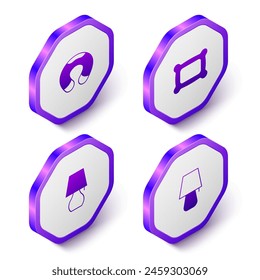 Set Isometric Travel neck pillow, Pillow, Table lamp and  icon. Purple hexagon button. Vector