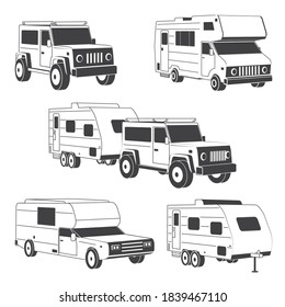 Set of isometric traveler truck camper thin line and silhuette. 3d Camping RV trailer family caravan outline icon. RV travel camper isolated on white. Summer camper family travel concept. Vector