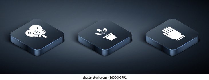 Set Isometric Tree with apple, Garden gloves and Flowers in pot icon. Vector