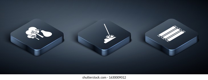 Set Isometric Tree with pears, Wooden box and Shovel in the ground icon. Vector