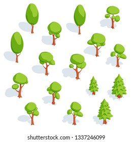 Set of isometric trees. Deciduous and spruce. Vector illustration.