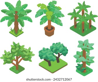 Set of isometric trees and palms. 3d low poly rendered image. Transparent background