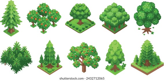 Conjunto de árboles isométricos y plantas. imagen procesada en 3d. Fondo transparente