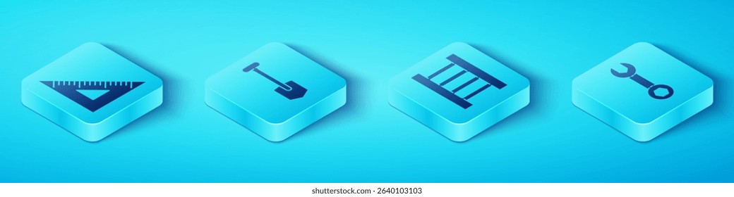 Set Isometric Triangular ruler, Shovel, Wrench spanner and Wooden staircase icon. Vector