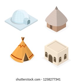 Set Isometric Tribal Native House From Different World Tribe Illustration Vector Cartoon