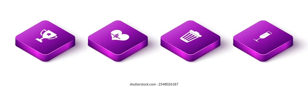 Set Isometric Trophy cup, Heart rate, Trash can and Glass of champagne icon. Vector