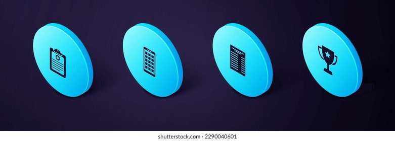 Set Isometric Trophy cup, Paper or financial check, Mobile Apps and Clinical record icon. Vector