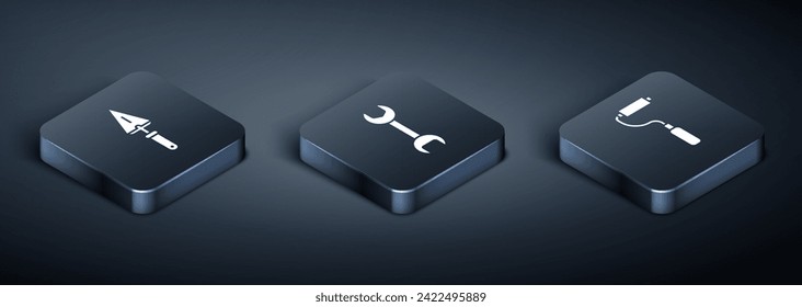 Set Isometric Trowel, Paint roller brush and Wrench spanner icon. Vector