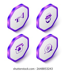 Set Isometric Trumpet, Leprechaun, Pot of gold coins and Clover trefoil leaf icon. Purple hexagon button. Vector
