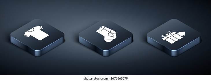 Set Isometric T-shirt, Gift box and Socks icon. Vector