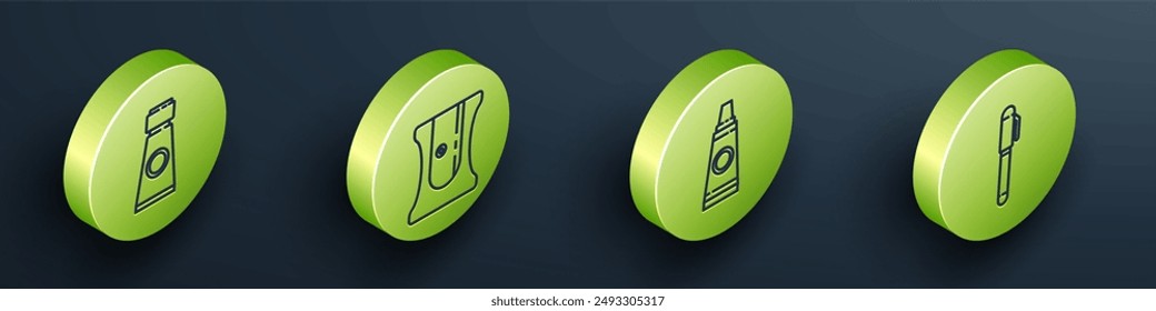 Set Isometric Tube with paint palette, Pencil sharpener, Tube with paint palette and Pen icon. Vector