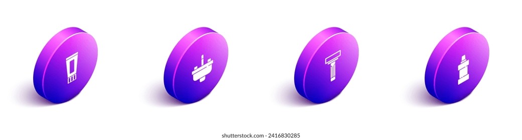 Set Isometric Tube of toothpaste, Washbasin with water tap, Shaving razor and Bottle for cleaning agent icon. Vector