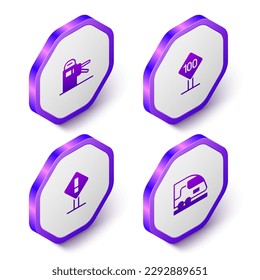 Set Isometric Turnstile, Speed limit traffic sign 100 km, Exclamation mark in square and High-speed train icon. Purple hexagon button. Vector