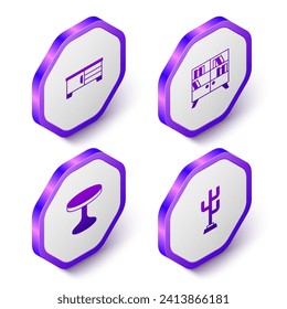 Set Isometric TV table stand, Library bookshelf, Round and Coat icon. Purple hexagon button. Vector