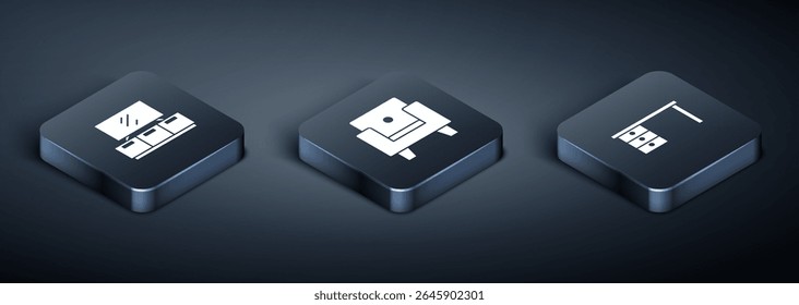 Set Isometric TV table stand, Office desk and Armchair icon. Vector