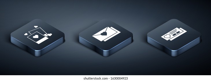 Set Isometric Two blanks photo frames and hearts, Ticket with heart and Envelope with Valentine heart icon. Vector