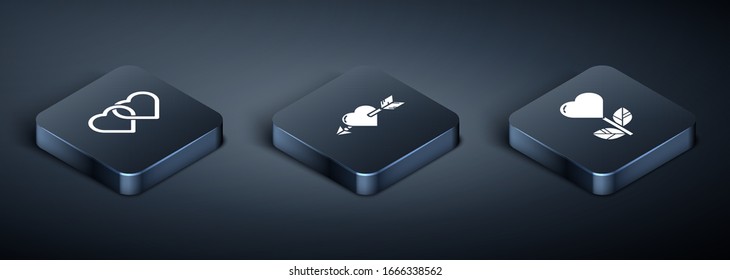 Set Isometric Two Linked Hearts, Heart shape in a flower and Amour with heart and arrow icon. Vector