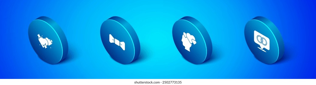 Set Isometric Two Linked Hearts, Head with heart, Wedding rings and Bow tie icon. Vector