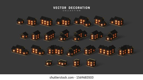 Set of isometric two and one-story houses, cottages and buildings, in windows is lit light