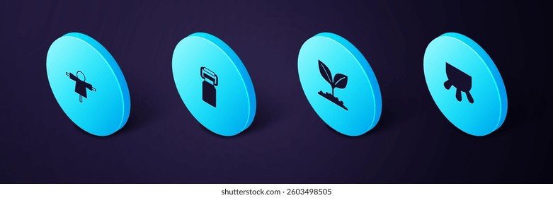 Set Isometric Udder, Plant, Can container for milk and Scarecrow icon. Vector