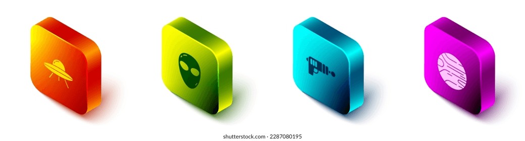 Set Isometric UFO flying spaceship, Alien, Ray gun and Planet icon. Vector