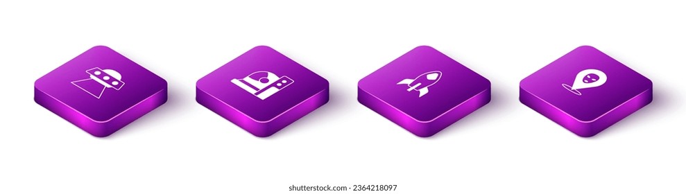 Set Isometric UFO flying spaceship, Astronaut helmet, Rocket and Alien icon. Vector