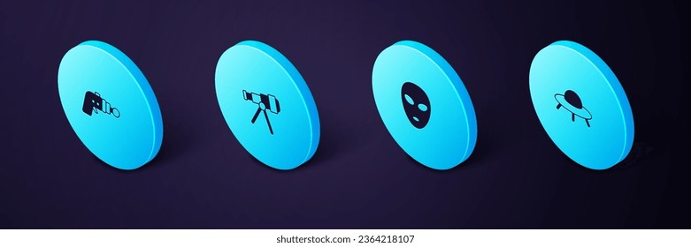 Set Isometric UFO flying spaceship, Alien, Telescope and Ray gun icon. Vector
