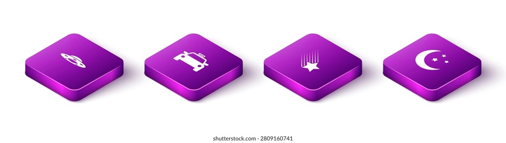 Set Isometric UFO flying spaceship, Taxi car, Falling star and Moon and stars icon. Vector