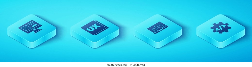 Set Isometric UI or UX design, , Front end development and Web icon. Vector