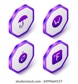 Set Isometric Umbrella, Compass north,  and Fahrenheit icon. Purple hexagon button. Vector