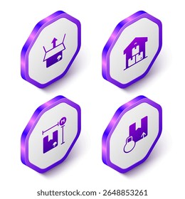 Definir Unboxing Isométrica, Depósito completo, Medição de papelão e ícone de papelão de cartão. Botão hexágono roxo. Vetor