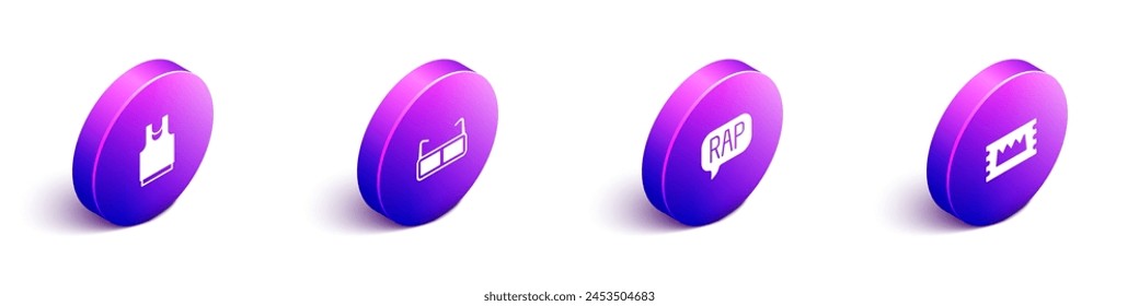 Set Isometric Undershirt, Glasses, Rap music and Concert ticket icon. Vector