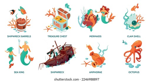 Set with isometric underwater world compositions with isolated images of shipwreck treasure mermaids shells with text vector illustration