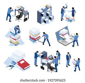 Set of isometric unorganized office work icons with isolated images of embarrassed workers with paper mess vector illustration