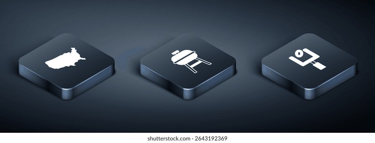 Set Isometric USA map, American football goal post and Barbecue grill icon. Vector