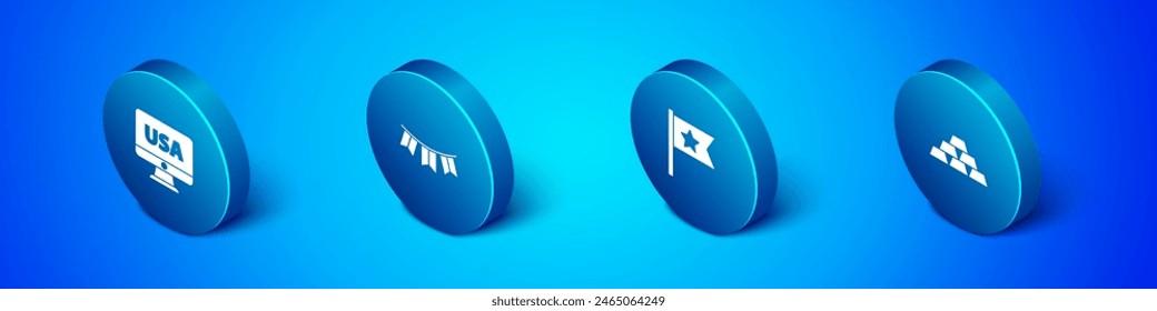 Set Isometric USA on monitor, American flag, Gold bars and Carnival garland with flags icon. Vector