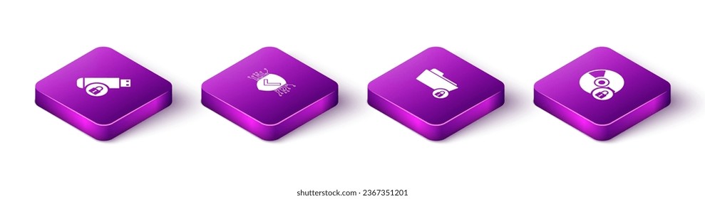 Configure la unidad flash USB isométrica con bloqueo, ciberseguridad, carpeta e icono de disco de CD o DVD. Vector