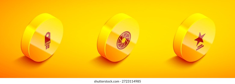 Setzen Sie Isometric USB-Flash-Laufwerk, Kamera-Shutter und Film-Trophäe-Symbol. Vektorgrafik